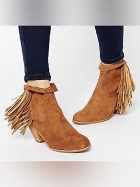 SAM EDELMAN Saddle Louie Fringe Heeled Boho Ankle Boots Bootie Women size 6M